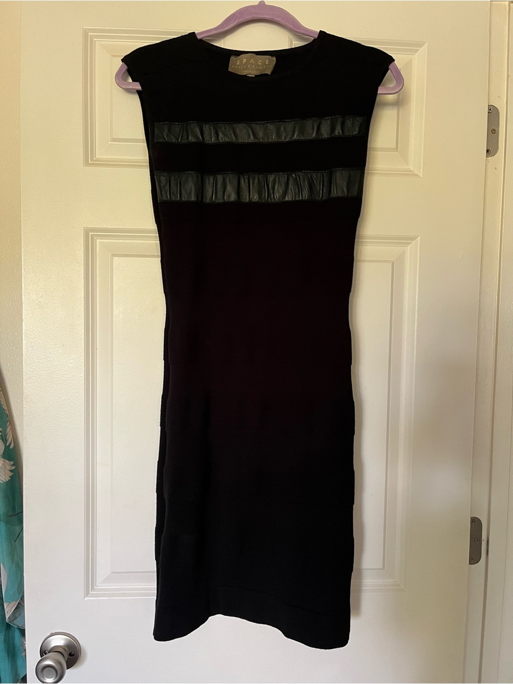 Black Sleeveless Bodycon Dress with Faux Leather Stripes